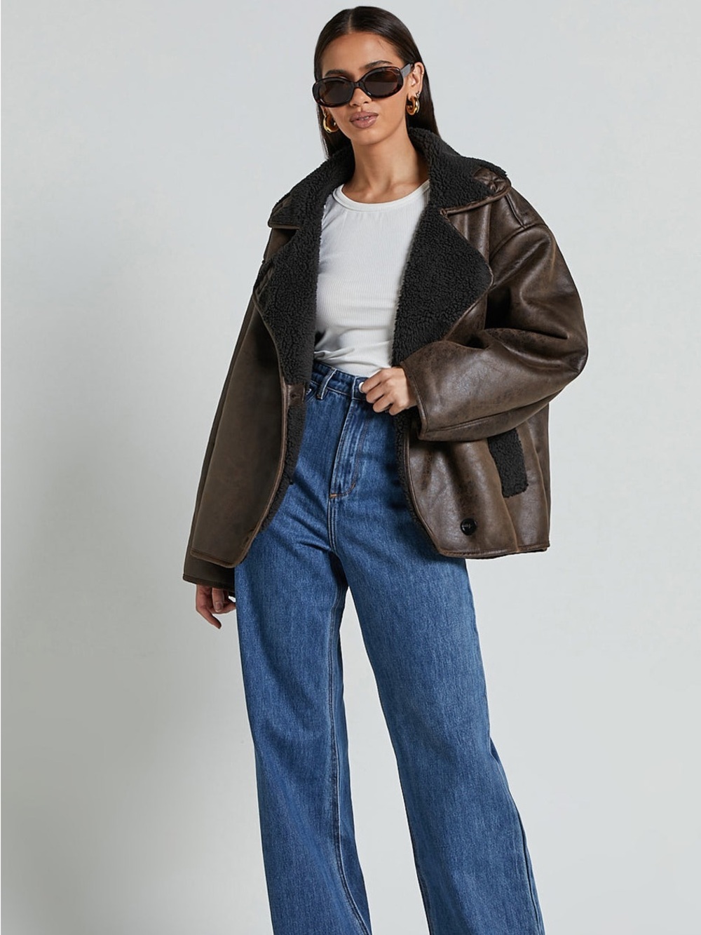 NWT Pink Diamond Dark Brown Faux Leather Shearling-Trim Jacket - Picture 4 of 8